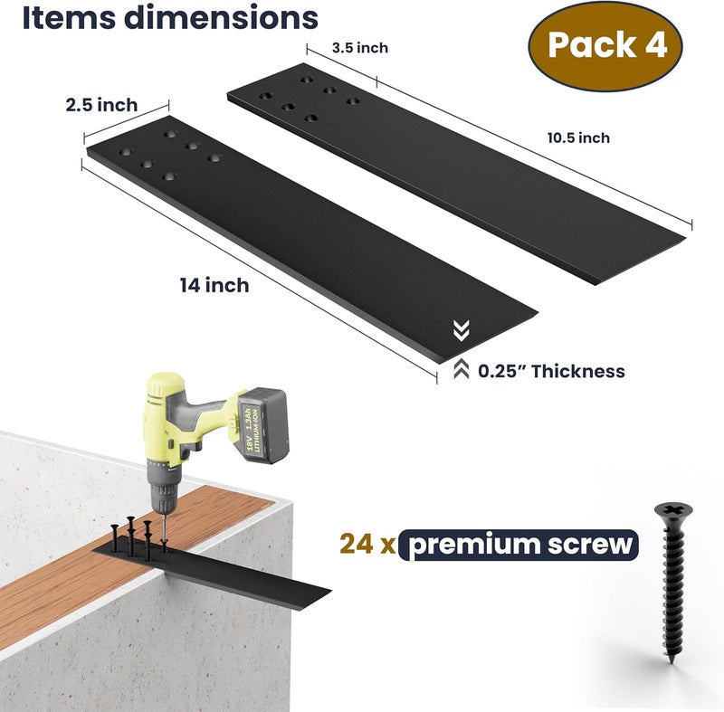 BATODA 14" Countertop Support Brackets (4 pcs) for Granite - Heavy Duty L Shelf Bracket - Wall Mounted Support for DIY Open Shelving – Knee Wall Support - Mounting Hardware Included ( Pack 4 ) - Image 2